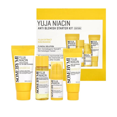 Some By Mi Yuja Niacin Anti-Blemish Starter Kit, Cleanser 30 ml + Toner 30 ml + Serum 10 ml + Cream 20 g